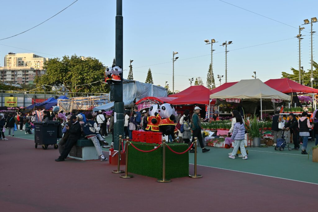 Vibrant outdoor market with colorful tents, people, and decorations, bustling with activity.